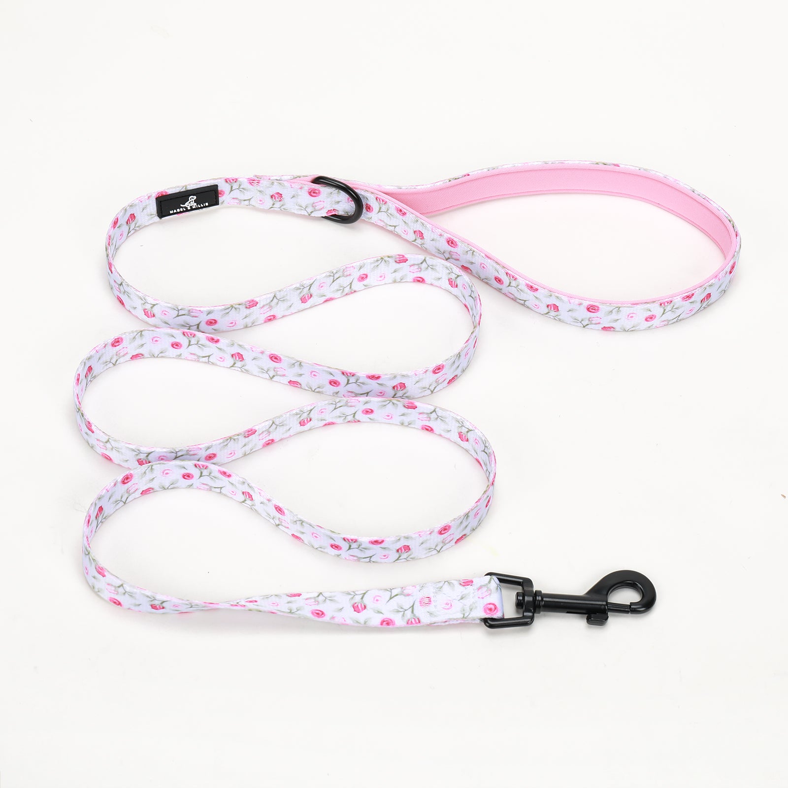 Flora dog lead in white with soft pink pastel roses