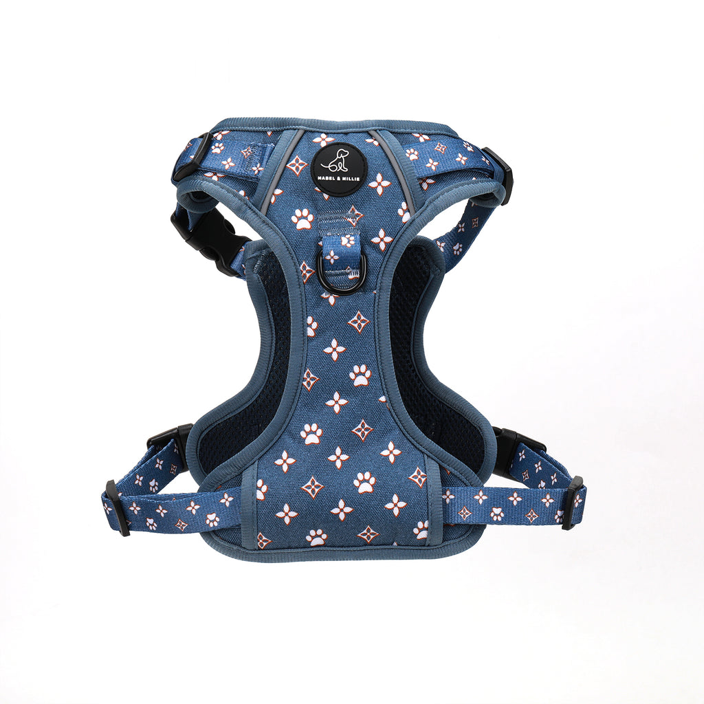 Denim dog harness paw print design Mabel & Millie