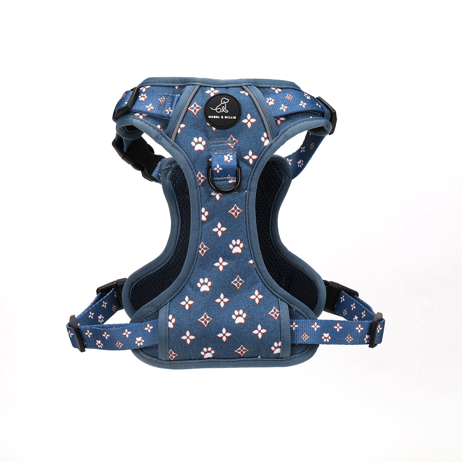 Denim dog harness paw print design Mabel & Millie