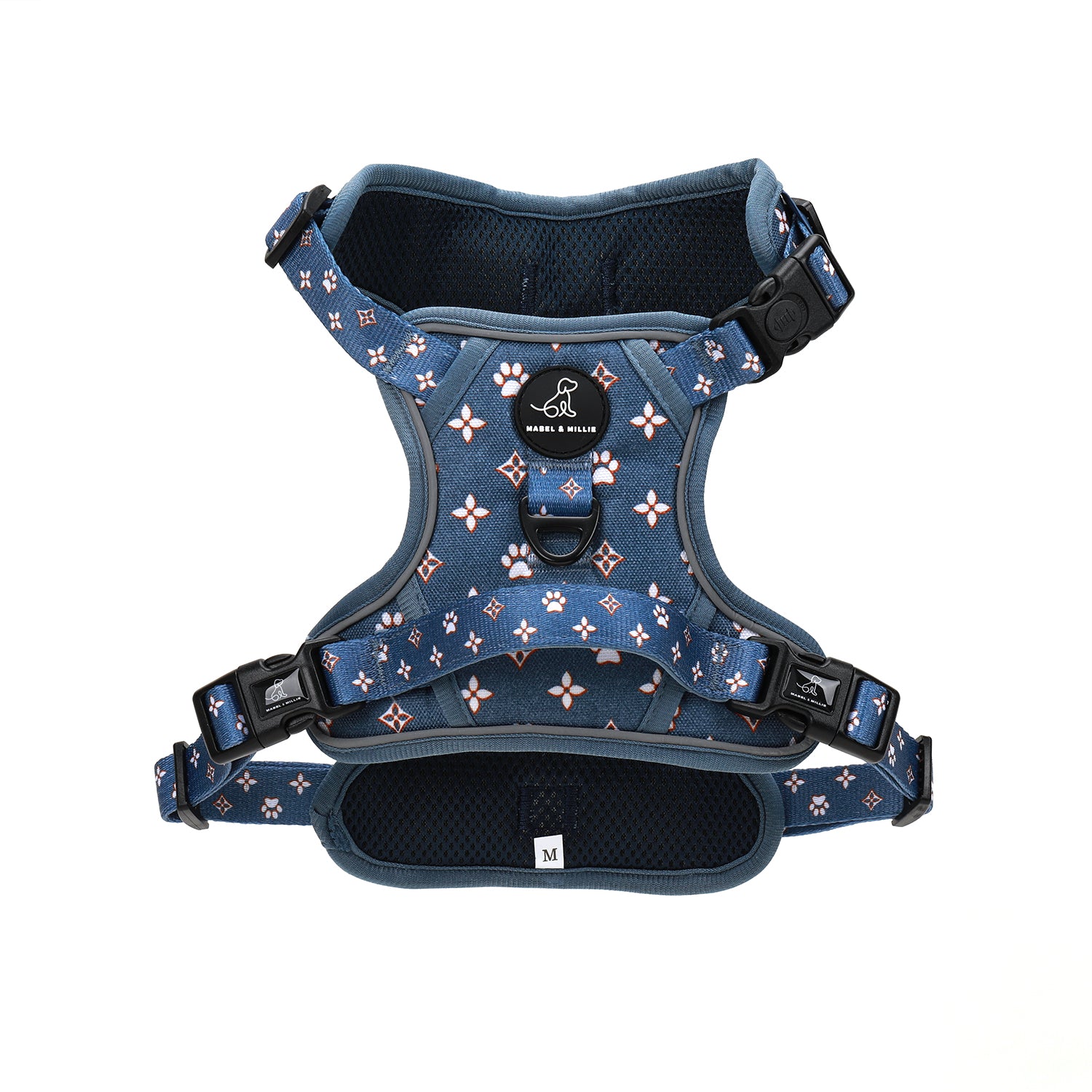 Denim dog harness paw print design