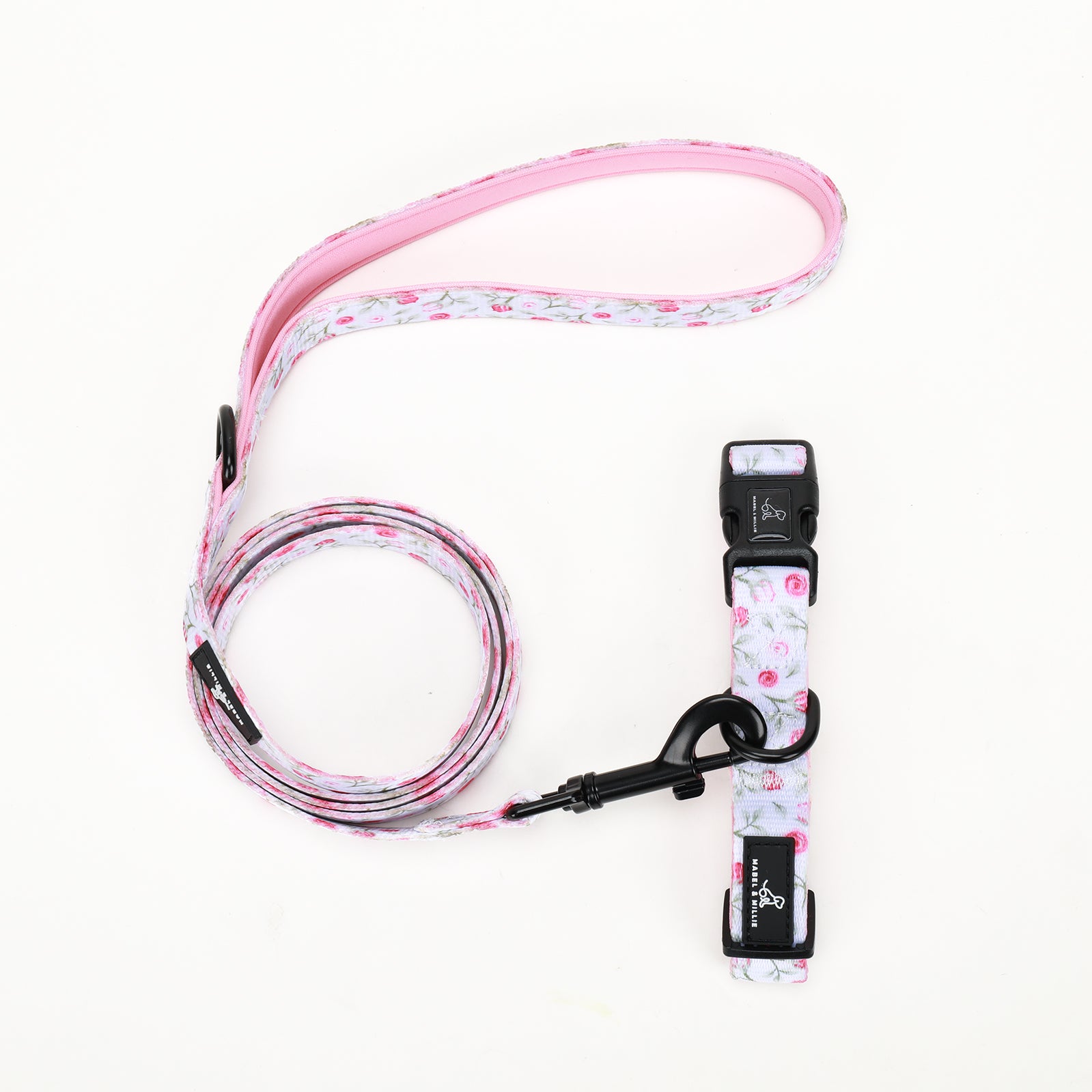 Flora dog lead and collar in white with soft pink pastel roses 